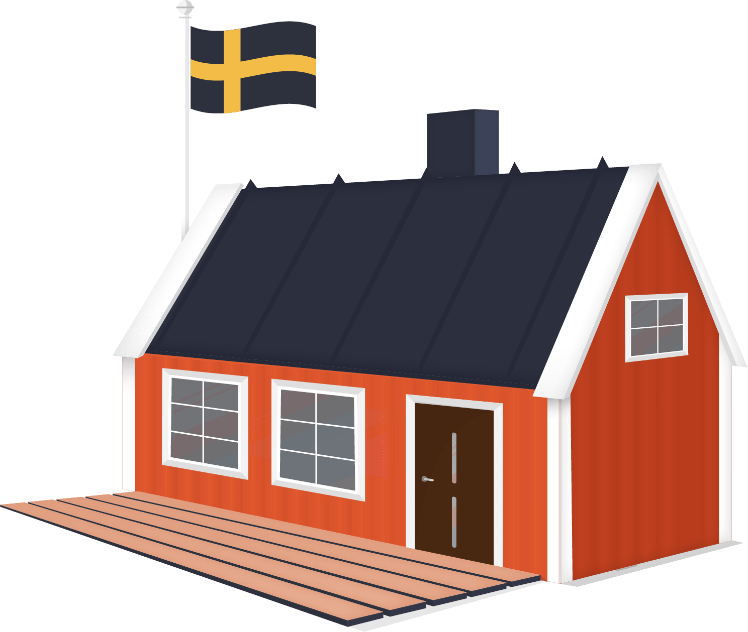 Ett tecknat rött hus med en svensk flagga.